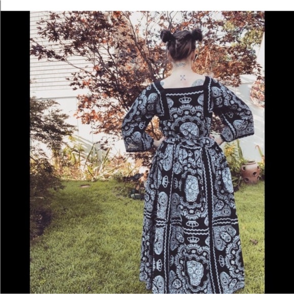 LAST ONE 💀 Handmade Black & White Skull Skeleton Print Bandana Maxi Dress - Picture 10 of 14